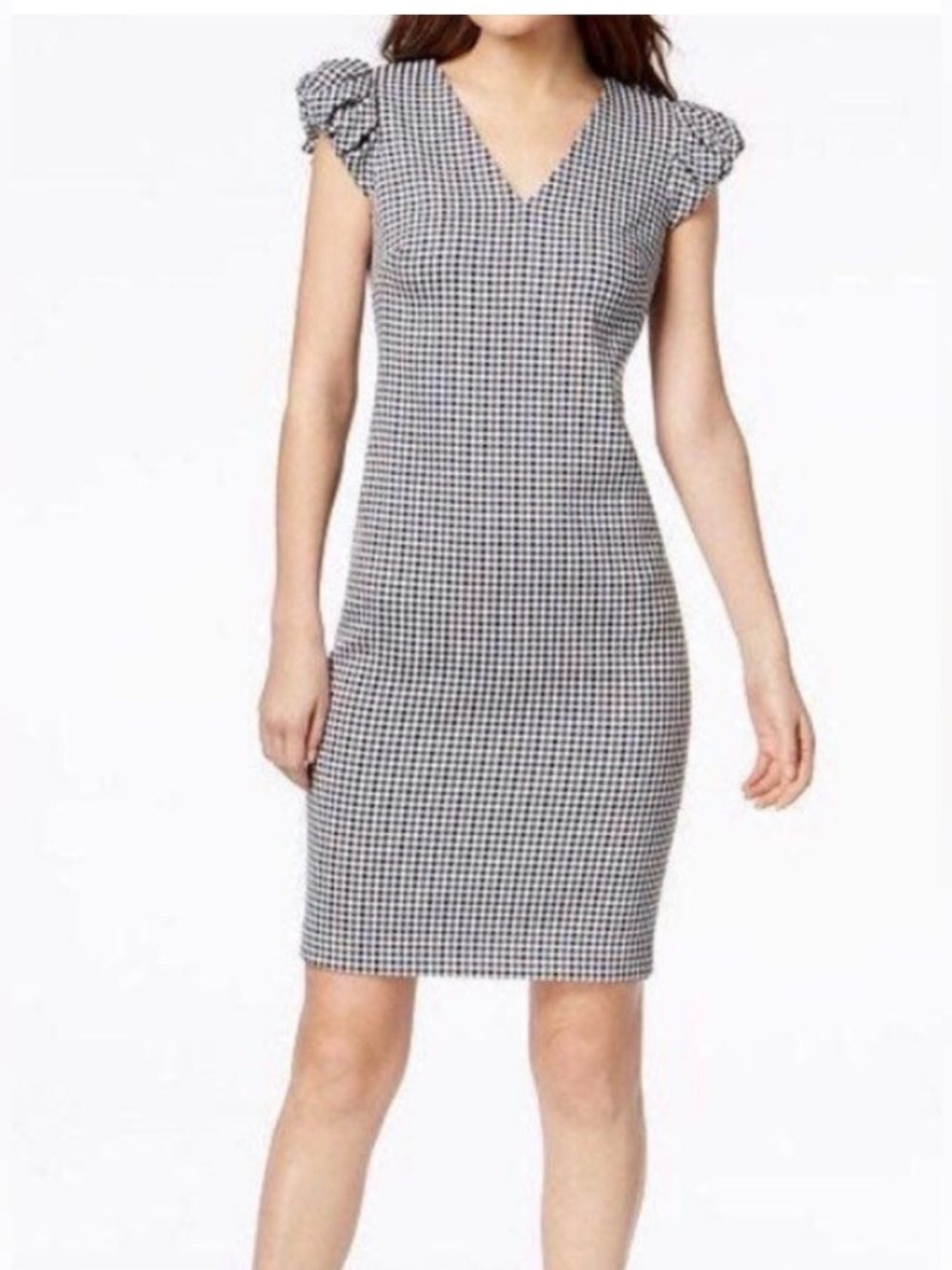 NWT Calvin Klein Gingham Puff Sleeve Sheath Dress Size 10 Navy White